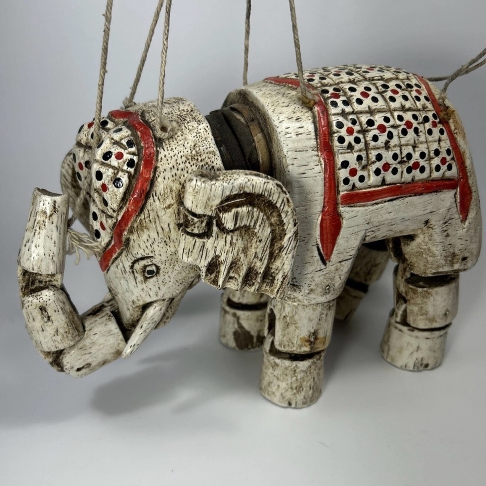 Antique Burmese folk art hand crafted elephant marionette wooden carved jointed